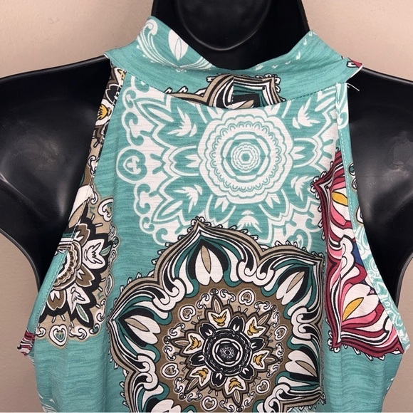 LARGE 42 POPS BLUE BOHO RUFFLE SLEEVELESS STRETCH BLOUSE TOP PAISLEY - Picture 7 of 11